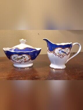 3 Pc Set Grace's Teaware Royal Blue Birds Porcelain Sugar Bowl & Cream Pitcher